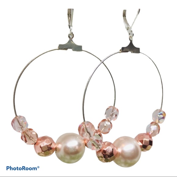 BOUTIQUE Pink and Pearl Beaded Hoop Earrings, Large Dangles, Czech Glass Beaded - Picture 7 of 7